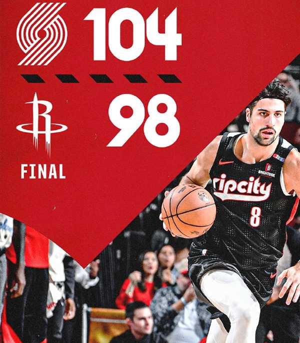 NBA：开拓者104-98火箭 西蒙斯24分 格兰特22分 申京22分5助